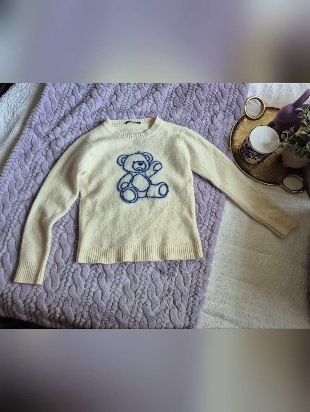 Brandy Melville Cream Wool Teddy Bear Pullover Sweater